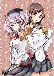  2girls :o absurdres alternate_costume alternate_hair_color beret between_legs black_skirt blue_eyes blush breasts brown_eyes brown_hair buttons closed_mouth collared_shirt commentary double-breasted epaulettes frilled_sleeves frills gloves grey_hair grey_shirt hair_between_eyes hand_between_legs hand_on_own_hip hat highres jacket kantai_collection kashima_(kancolle) kazu_(really_in_hot_water_now) long_hair long_sleeves looking_at_viewer medium_breasts military military_jacket military_uniform multiple_girls neckerchief ooi_(kancolle) pleated_skirt pointing purple_hair red_neckerchief shirt sidelocks skirt smile sparkle tsurime twintails uniform wavy_hair white_gloves white_jacket white_shirt 