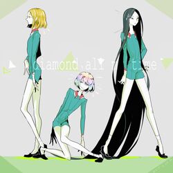  3others absurdly_long_hair androgynous black_eyes black_footwear black_hair blonde_hair bort cojima commentary_request dated diamond_(houseki_no_kuni) houseki_no_kuni long_hair multicolored_hair multiple_others parody perfume_(band) short_hair signature smile socks sparkle very_long_hair yellow_diamond_(houseki_no_kuni) yellow_eyes 