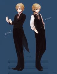  2boys aged_up blonde_hair blue_eyes bow bowtie brothers character_name chloe_no_requiem commentary_request copyright_name formal hands_in_pockets michel_d&#039;alembert multiple_boys p_(jsmnpfm) pierre_d&#039;alembert ponytail short_hair siblings smile suit twins vest 