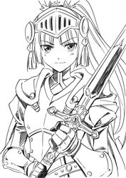  agahari armor breastplate commentary_request female forte_(rune_factory) gauntlets greyscale long_hair looking_at_viewer monochrome rune_factory rune_factory_4 simple_background solo sword visor_(armor) weapon white_background 