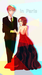  1boy aged_down alicia_dunyck bare_shoulders brown_hair choker commentary_request dress female formal green_eyes highres holding_hands larten_crepsley long_hair necktie red_dress red_hair short_hair straight suit the_saga_of_darren_shan the_saga_of_larten_crepsley vampire waku_(ginuribiyori) 