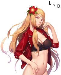  artist_name bad_id bad_pixiv_id blonde_hair breasts character_request cleavage commentary_request commission dungeon_and_fighter female flower groin hair_flower hair_ornament jacket large_breasts long_hair looking_at_viewer lud navel parted_lips red_eyes red_jacket simple_background solo stomach very_long_hair white_background 