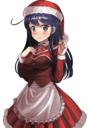  ao_iro apron black_hair blush bodice commentary_request female fur_trim grey_eyes hand_on_own_chest hat highres juliet_sleeves kantai_collection long_hair long_sleeves looking_at_viewer puffy_sleeves red_bodice sailor_collar santa_costume santa_hat smile solo ushio_(kancolle) waist_apron 