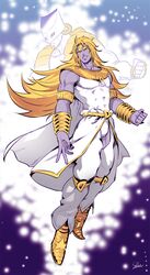  armband blonde_hair colored_skin commentary_request dio_brando facial_mark full_body heart_kneepads heaven_ascended_dio jojo_no_kimyou_na_bouken jojo_no_kimyou_na_bouken:_eyes_of_heaven knee_pads long_hair pointy_footwear purple_skin scar scar_on_neck shoes signature sokka_(kbs) stand_(jojo) the_world_over_heaven usekh_collar very_long_hair wrist_cuffs yellow_eyes 