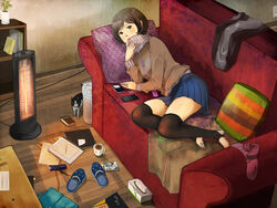  black_thighhighs blush book bookshelf brown_eyes brown_hair commentary_request couch cup digital_media_player earphones feline female heater highres indoors ipod living_room lying mole mole_under_eye notebook on_side open_mouth original pen pencil pencil_case pillow plant potted_plant school_uniform shigureteki short_hair skirt slippers solo stirrup_legwear table thighhighs tissue tissue_box toeless_legwear trash_can turtleneck 