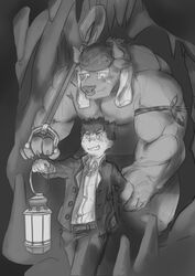  anthro asterius_(tas) bandaid_protagonist_(tas) bovid bovine cattle cave clothed clothing curtis_wuedti duo facial_piercing greyscale hand_holding hi_res horn human lamp lantern lifewonders male mammal monochrome muscular muscular_male nose_piercing nose_ring piercing protagonist_(tas) ring_piercing shovel tokyo_afterschool_summoners tools topless 