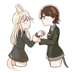  2girls animal_ears aqua_eyes blonde_hair blue_eyes blush bomber_jacket brown_hair commentary_request cropped_legs dog_ears dog_girl dog_tail fox_ears fox_girl fox_tail holding_another&#039;s_arm honda_takashi_(enorea) jacket long_hair long_sleeves looking_at_another military military_uniform multiple_girls ottilie_kittel partial_commentary short_hair simple_background tail uniform waltraud_nowotny white_background world_witches_series 