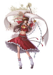  armpits arms_up ascot bell bow brown_eyes brown_hair commentary_request detached_sleeves etidekailo female frilled_skirt frills full_body gohei hairbow hakurei_reimu kouhaku_nawa long_hair mary_janes midriff navel ofuda photoshop_(medium) red_bow red_skirt ribbon-trimmed_sleeves ribbon_trim rope sarashi shimenawa shoes skirt solo touhou white_background 