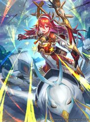  armor arrow_(projectile) bird boat bow bow_(weapon) breastplate caeldori_(fire_emblem) cloud cloudy_sky commentary_request day dress elbow_gloves female fire_emblem fire_emblem_cipher fire_emblem_fates foreshortening gloves hair_between_eyes hairband hmk84 long_hair looking_at_viewer ocean official_art open_mouth pegasus_knight_uniform_(fire_emblem) quiver red_eyes red_gloves red_hair riding riding_bird sky smile tassel watercraft watermark weapon winged_hair_ornament 