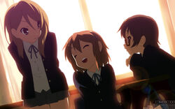  3girls brown_eyes brown_hair closed_eyes commentary_request dutch_angle extra glasses hirasawa_yui k-on! long_hair manabe_nodoka multiple_girls red-framed_eyewear sakuragaoka_high_school_uniform school_uniform semi-rimless_eyewear short_hair tachibana_himeko under-rim_eyewear yamano_sachi 