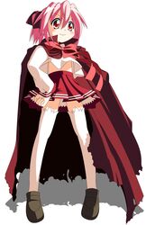  asahina_samidare asahina_samidare_(cosplay) bow bowtie cape commentary_request cosplay female hands_on_own_hips highres hoshi_no_samidare kobayakawa_yutaka lucky_star red_bow red_bowtie red_cape red_eyes red_hair rindou_(awoshakushi) ryouou_school_uniform school_uniform serafuku short_hair solo thighhighs 