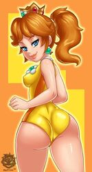  ass bad_link blue_eyes brown_hair cowboy_shot crown female gymnastics jewelry looking_at_viewer mario_&amp;_sonic_at_the_london_2012_olympic_games mario_&amp;_sonic_at_the_olympic_games mario_(series) narrowed_eyes naughty_face one-piece_swimsuit ponytail princess_daisy princess_daisy_(swimwear) revtilian rhythmic_gymnastics seductive_smile smile solo sportswear swimsuit yellow_one-piece_swimsuit 