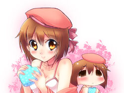  2girls blush box brown_eyes brown_hair chibi commentary hagiwara_yukiho hat heart heart-shaped_box idolmaster idolmaster_(classic) multiple_girls photoshop_(medium) puchimasu! ribbon ryusei2u valentine yukipo 