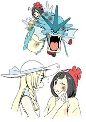  2girls bad_id bad_twitter_id beamed_eighth_notes beanie black_eyes black_hair blonde_hair braid commentary_request dirty from_side green_eyes gyarados hat lillie_(pokemon) long_hair multiple_girls murata_(igaratara) musical_note one_eye_closed open_mouth pokemon pokemon_(creature) pokemon_sm red_hat selene_(pokemon) short_hair simple_background sleeveless twin_braids white_background yuri 