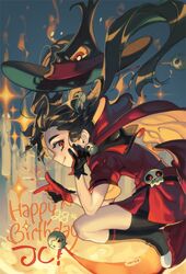  black_hair borrowed_character candle commentary english_commentary english_text female gloves halloween happy_birthday hat juby long_hair oerba_yun_fang original red_eyes smile solo witch witch_hat 