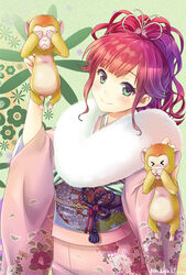  blush commentary_request female green_eyes hibari_makoto highres japanese_clothes kanchuumimai kimono monkey original red_hair short_hair smile solo 