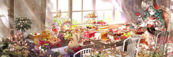  apple banana bird bonnet bread bread_slice cake cake_slice chair commentary cup curtains dress english_commentary female flower food food_focus fruit grapes green_eyes green_hair hat hatsune_miku highres indoors kiwi_(fruit) loaf_of_bread long_hair long_table looking_at_viewer pancake pancake_stack photoshop_(medium) pie rabbit sitting smile strawberry susu swiss_roll table tea tea_party teacup tiered_tray top_hat vocaloid window 