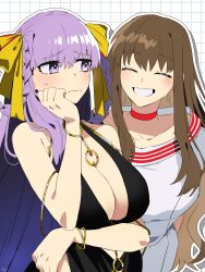  2girls arm_under_breasts bare_arms bare_shoulders bb_dubai_(fate) black_dress blush bracelet braid braided_hair_rings breasts brown_hair center_opening chain_around_arm chains choker cleavage closed_eyes cocktail_dress commentary dress eyebrows_visible_through_hat fate/grand_order fate_(series) gold_bracelet gold_chain gold_ring grid_background grin hair_ribbon hair_rings head_rest highres jewelry kishinami_hakuno_(female) large_breasts leaning_forward long_hair looking_at_another multiple_girls nervous_sweating outline pirohi_(pirohi214) purple_eyes purple_hair red_choker ribbon side_slit sidelocks single_sidelock sleeveless sleeveless_dress small_sweatdrop smile sweat symbol-only_commentary white_dress white_outline yellow_ribbon 