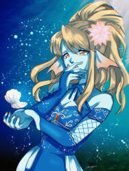  air_bubble amayu_(amaamailust) aqua_skin blonde_hair blue_bridal_gauntlets blue_dress breasts bridal_gauntlets bubble chromatic_aberration clam cleavage commentary_request covering_own_mouth crying crying_with_eyes_open dragon_quest dragon_quest_x dress female fins fishnet_bridal_gauntlets floating_hair flower hair_flower hair_ornament head_fins highres linache_(dq10) parted_lips pink_lips pink_nails ponytail signature solo tears underwater worried yellow_eyes 