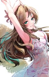  26caaan aerith_gainsborough aerith_gainsborough_(sunny_robe) armpits arms_behind_head bare_arms bikini blush breasts brown_hair cleavage female final_fantasy final_fantasy_vii final_fantasy_vii_ever_crisis green_eyes grin hat highres long_hair looking_at_viewer medium_breasts midriff official_alternate_costume parted_bangs pink_bikini redrawn sidelocks smile solo straw_hat stretching sun_hat swimsuit unworn_hat unworn_headwear upper_body wavy_hair white_background 