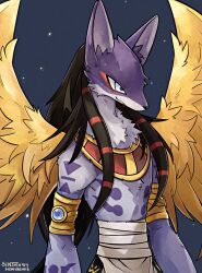  anthro anubismon armlet bandai_namco black_hair blue_eyes digimon digimon_(species) fur hair jewelry male necklace purple_body purple_fur sin_remyheart solo wings 