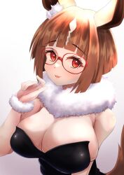  akiyama_neo alternate_costume animal_ears bare_shoulders black_leotard breasts brown_hair cleavage commentary_request ear_ornament female fur-trimmed_collar fur_trim fur_wrist_cuffs glasses highres horse_ears horse_girl horse_tail large_breasts leotard nontraditional_playboy_bunny red-framed_eyewear red_eyes simple_background smile strapless strapless_leotard tail transcend_(umamusume) umamusume upper_body white_background wrist_cuffs 