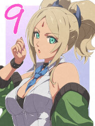  :o aqua_eyes blonde_hair border breasts chiharu_(9654784) countdown eiyuu_densetsu eyelashes facial_mark female forehead_mark green_jacket highres jacket kai_no_kiseki kuro_no_kiseki_(series) large_breasts looking_at_viewer medium_hair open_clothes open_jacket outside_border parted_bangs pink_nails purple_background simple_background solo twintails ulrica_(eiyuu_densetsu) white_border 