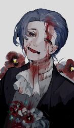  1boy ascot black_jacket blood blood_in_hair blood_on_clothes blood_on_face blue_eyes blue_flower blue_hair chinese_commentary commentary_request flower grey_vest highres jacket male_focus one_eye_closed open_clothes open_jacket open_mouth red_flower saibou_shinkyoku short_hair smile solo upper_body utsugi_rangiri vest vihua6 white_ascot 