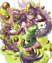  animal_ears belt braid breasts brown_gloves brown_hair brown_thighhighs cat_ears clover clover_hair_ornament dress elbow_gloves female four-leaf_clover glasses gloves green_belt green_dress green_eyes hair_ornament highres indie_virtual_youtuber kitsunya_(vtuber) large_breasts long_hair looking_at_viewer round_eyewear sammi_hisame solo thighhighs twin_braids very_long_hair virtual_youtuber 