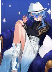  absurdres agoberos black_shirt blue-tinted_eyewear blue_background blue_eyes blue_hair blue_nails boots breasts couch earrings female foot_out_of_frame gold_trim hair_over_shoulder hand_on_own_knee hands_up hat high_heel_boots high_heels highres hololive hoshimachi_suisei hoshimachi_suisei_(oriental_suit) indoors jewelry knee_up legs long_hair long_sleeves looking_at_viewer nail_polish official_alternate_costume on_couch open_mouth pillow platform_footwear ponytail shirt sitting skirt small_breasts smile solo star_(symbol) star_in_eye symbol_in_eye tinted_eyewear toeless_footwear toenail_polish toenails toes white_footwear white_hat white_skirt zipper 