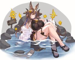  absurdres bikini black_bikini blue_nails breasts brown_horns cleavage closed_eyes extra_ears female galleon_(granblue_fantasy) galleon_(summer)_(granblue_fantasy) granblue_fantasy hair_between_eyes highres horns jacket large_breasts long_hair long_hair_between_eyes multicolored_hair official_alternate_costume pointy_ears see-through see-through_cleavage see-through_jacket solo streaked_hair swimsuit thigh_strap unkobako 