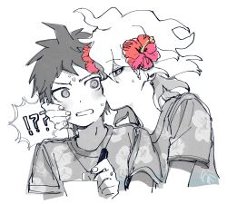  !? 2boys absurdres ahoge blush commentary_request danganronpa_(series) danganronpa_2:_goodbye_despair floral_print flower greyscale hair_flower hair_ornament hand_on_another&#039;s_cheek hand_on_another&#039;s_face hibiscus highres hinata_hajime holding kissing kissing_cheek komaeda_nagito male_focus messy_hair monochrome multiple_boys r9rpd red_flower shirt short_sleeves simple_background spiked_hair sweat upper_body yaoi 