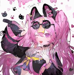  animal_ears arm_up belt_collar black_collar black_shirt cat_ears cat_girl chinese_commentary collar commentary_request commission cropped_shirt dated english_text eyewear_on_head facial_mark female hair_between_eyes heart heart_facial_mark highres long_hair long_sleeves mark_under_eye neckerchief oerba_yun_fang ofuda ofuda_on_head one_eye_closed open_mouth original pink_eyes pink_hair round_eyewear sailor_collar sailor_shirt shirt smile solo sunglasses thank_you twintails upper_body vihua6 watermark white_sailor_collar wide_sleeves yellow_neckerchief 