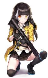  black_hair breasts colt_9mm_smg female girls&#039;_frontline heterochromia holding holding_weapon jacket kneehighs kneeling long_hair looking_at_viewer multicolored_hair red_eyes ro635_(girls&#039;_frontline) ryuinu shirt simple_background skirt socks solo streaked_hair trigger_discipline weapon white_background white_hair white_shirt yellow_eyes yellow_jacket 