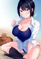  absurdres black_eyes black_hair black_socks blue_one-piece_swimsuit breasts canzume cleavage clothes_pull collarbone commentary_request cup female grin highres indian_style large_breasts looking_at_viewer no_shoes one-piece_swimsuit original partially_unbuttoned shirt shirt_pull short_hair sitting smile socks solo swimsuit swimsuit_under_clothes tea tray white_shirt 