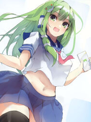  alternate_costume black_thighhighs blue_sailor_collar blue_skirt cellphone commentary cowboy_shot crop_top cropped_shirt female frog_hair_ornament green_eyes green_hair hair_between_eyes hair_ornament highres holding holding_phone kochiya_sanae long_hair looking_at_viewer midriff mikan923 miniskirt navel neckerchief open_mouth phone pink_neckerchief pleated_skirt sailor_collar school_uniform serafuku shirt short_sleeves single_hair_tube skirt smartphone smile snake_hair_ornament solo standing thighhighs touhou white_shirt zettai_ryouiki 