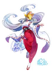  breasts cleavage collarbone digimon digimon_(creature) fox_mask full_body grey_hair highres holding japanese_clothes kimono large_breasts mask pants red_pants sakuyamon sakuyamon:_miko_mode simple_background white_background white_kimono wide_sleeves youzaiyouzai112 