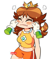  brown_hair cheek_pinching closed_eyes crop_top crown disembodied_hand female gloves hand_on_another&#039;s_cheek hand_on_another&#039;s_face highres long_hair luigi manysart1 mario_(series) midriff navel orange_shirt orange_shorts pinching princess_daisy shirt shorts simple_background sleeveless sleeveless_shirt tennis_daisy white_background white_gloves 