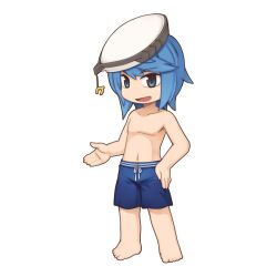  1boy barefoot beret blue_eyes blue_hair blue_male_swimwear blue_swim_trunks chibi chibi_only full_body hand_on_own_hip hat looking_at_viewer male_focus male_swimwear mid_(ragnarok_online) navel no_nipples official_art open_mouth ragnarok_online short_hair simple_background solo standing topless_male transparent_background white_hat yuichirou 