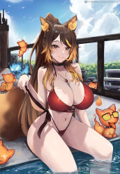  animal_ears bikini black_choker breasts brown_hair choker city female fiery_ears high_ponytail highleg highleg_bikini highres indie_virtual_youtuber jewelry large_breasts long_hair looking_at_viewer multicolored_hair navel orange_eyes orange_hair outdoors pendant pool red_bikini sinder_(vtuber) sitting smile solo streaked_hair swimsuit tail vicarious virtual_youtuber water wolf_ears wolf_girl wolf_tail 