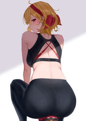  alternate_costume ass bird blonde_hair blush breasts commentary female head_scarf highres hololive hololive_indonesia kaela_kovalskia looking_at_viewer looking_back medium_breasts midriff pants pemaloe_(kaela_kovalskia) penguin raeis red_eyes short_hair simple_background sitting_on_animal smile solo symbol-only_commentary virtual_youtuber white_background yoga_pants 