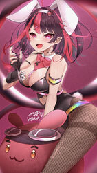  absurdres ace_(playing_card) ace_of_hearts animal_ears bare_shoulders black_hair black_leotard bow bowtie breasts brown_pantyhose card cleavage cosplay fake_animal_ears fake_tail female fingerless_gloves fishnet_pantyhose fishnets gloves gx_aura heart highleg highleg_panties highres leaning_forward leotard long_hair looking_at_viewer maka_aratame medium_breasts multicolored_hair open_mouth opera_gx panties pantyhose playboy_bunny playing_card pointy_ears purple_eyes rabbit_ears rabbit_hole_(vocaloid) rabbit_tail red_hair signature smile solo streaked_hair tail thighband_pantyhose underwear virtual_youtuber 