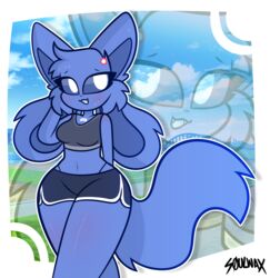  2023 4_ears anthro big_tail blowup_background blue_body blue_bottomwear blue_clothing blue_eyes blue_fur blue_inner_ear blue_shorts blush bodily_fluids border bottomwear cheek_tuft clothing clyde_(discord) crop_top cute_fangs discord_(app) dolphin_shorts domestic_cat ear_tuft eyebrows eyelashes facial_tuft felid feline felis female floppy_ears frutiger_aero fur grey_clothing grey_shirt grey_topwear hand_on_head head_tuft hi_res hotpants logo mammal midriff multi_ear navel open_mouth prick_ears pupils shirt shorts signature simple_background solo soulwax-art sweat sweatdrop sweaty_face tail tail_tuft tina_(soulwax-art) topwear tuft white_border white_pupils wide_hips 