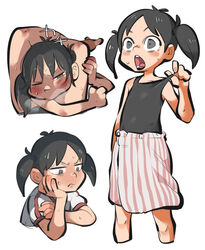  1other ambiguous_gender angry barefoot black_hair black_tank_top blush breath closed_mouth commentary_request cropped_legs cropped_torso female frown glaring grey_eyes gym_shirt half-closed_eye hand_on_another&#039;s_leg hand_on_own_arm hand_on_own_chin highres looking_down multiple_views nishikawa_noriko one_eye_closed open_mouth scissorhold shirt short_sleeves short_twintails strap_pull tank_top tirarizun towel_around_waist twintails urayasu_tekkin_kazoku v-shaped_eyebrows white_shirt wide-eyed yurie_mouth 