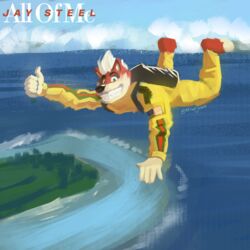  1:1 absurd_res album_redraw all_of_me_(album) anthro azspicedjason canid canine canis clothing green_eyes hair hi_res hybrid island jay_(jaythesoundhound) male mammal masayoshi_takanaka parody red_hair sea skydiver skydiving solo suit water wolfdog yellow_clothing yellow_suit 