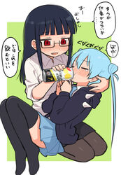  2girls adult_baby black_hoodie black_pantyhose black_skirt black_thighhighs blue_hair blue_necktie blue_skirt blunt_bangs blush border can closed_eyes collared_shirt commentary_request cone_hair_bun death_merumeru double_bun dress_shirt drinking drunk feeding full_body furrowed_brow glasses green_background hair_bun holding holding_can hood hood_down hoodie long_hair looking_at_another meis_(terameisu) miniskirt multiple_girls necktie nose_blush oerba_yun_fang open_clothes open_hoodie outside_border pantyhose pencil_skirt pleated_skirt reclining red_eyes seiza shinigami_dot_com shirt shoulder_spikes simple_background sitting skirt sleeves_rolled_up smile speech_bubble spikes strong_zero tearing_up thighhighs toukyou_tama translation_request twintails white_border white_shirt 