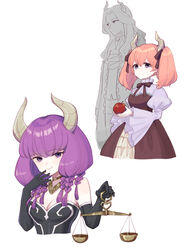  1boy 2girls apple ascot aura_(sousou_no_frieren) balance_scale black_dress black_gloves braid breasts brown_dress brown_ribbon cleavage closed_mouth commentary_request cropped_torso demon_boy demon_girl demon_horns dress elbow_gloves expressionless facing_viewer food frilled_shirt_collar frills fruit gloves gold_choker hair_ribbon hand_to_own_mouth hands_up holding holding_food holding_fruit holding_scale horns jewelry linie_(sousou_no_frieren) long_hair long_sleeves looking_at_viewer lugner_(sousou_no_frieren) multiple_girls orange_hair parted_bangs purple_eyes purple_hair purple_shirt red_apple rey0 ribbon shirt short_hair simple_background smile sousou_no_frieren strapless strapless_dress twintails weighing_scale white_background 