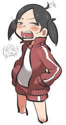  ahoge black_hair blush cropped_legs doodle_inset female glaring grey_eyes gym_shirt half-closed_eyes hands_in_pockets highres jacket long_sleeves looking_at_viewer nishikawa_noriko open_clothes open_jacket open_mouth partially_colored red_jacket red_shorts shirt short_shorts short_twintails shorts simple_background small_sweatdrop solo standing tirarizun track_jacket translation_request twintails urayasu_tekkin_kazoku v-shaped_eyebrows white_background white_shirt 