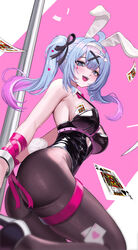  absurdres ace_(playing_card) ace_of_hearts animal_ears arm_ribbon ass black_leotard black_pantyhose black_ribbon blue_eyes blue_hair blush bow bowtie breasts card clothing_cutout colored_tips cutout_above_navel detached_collar fake_animal_ears fake_tail female floating_card hair_ribbon hatsune_miku heart heart_cutout heart_in_eye highres king_(playing_card) king_of_diamonds king_of_spades leotard light_blue_hair looking_at_viewer medium_breasts mizurin multicolored_hair open_mouth pantyhose pink_bow pink_bowtie pink_hair playboy_bunny playing_card pole rabbit_ears rabbit_hole_(vocaloid) rabbit_tail ribbon sideboob sidelocks solo stripper_pole sweat symbol_in_eye tail teardrop_facial_mark teeth thigh_strap twintails two-tone_hair upper_teeth_only vocaloid 