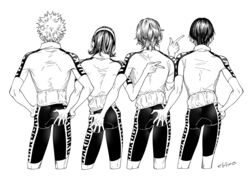  4boys arakita_yasutomo collared_shirt cowboy_shot from_behind fukutomi_juichi greyscale hairband hand_on_another&#039;s_ass hand_on_another&#039;s_back hand_on_own_hip hands_on_own_hips index_finger_raised male_focus medium_hair mojisan_(ebimo) monochrome multiple_boys pointing pointing_to_the_side shinkai_hayato shirt short_hair short_sleeves signature simple_background sportswear toudou_jinpachi v wavy_hair yowamushi_pedal 